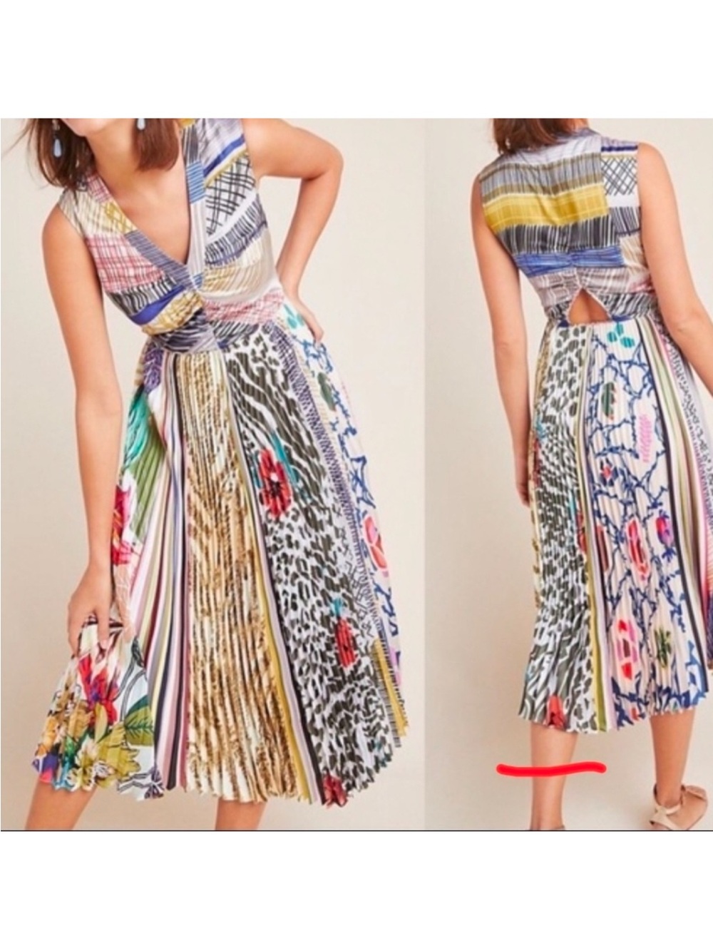Anthropologie Multicolor Printed Pleated Midi Dress with V-Neck